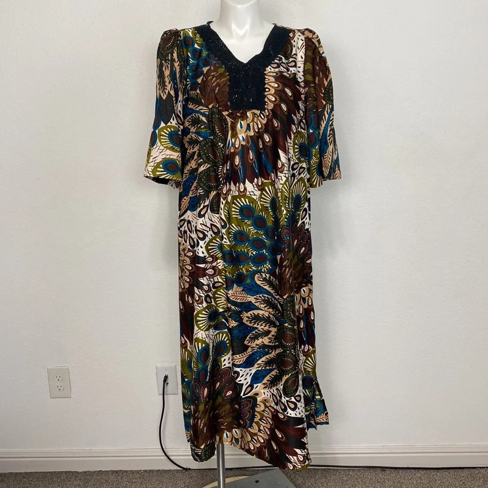 Phases Crochet Button V-Neck Half Sleeves Cover Up Pullover Caftan Dress Size XL